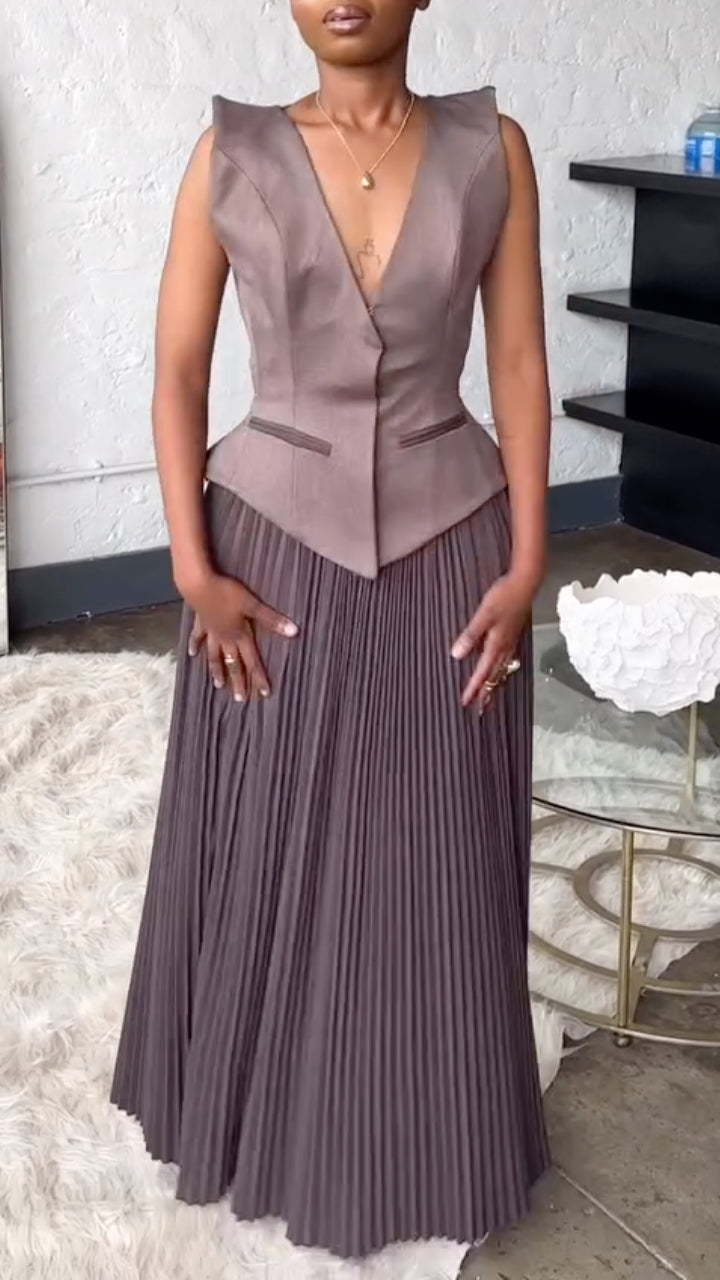 Women's V-Neck Vest-Style Spliced Pleated Dress