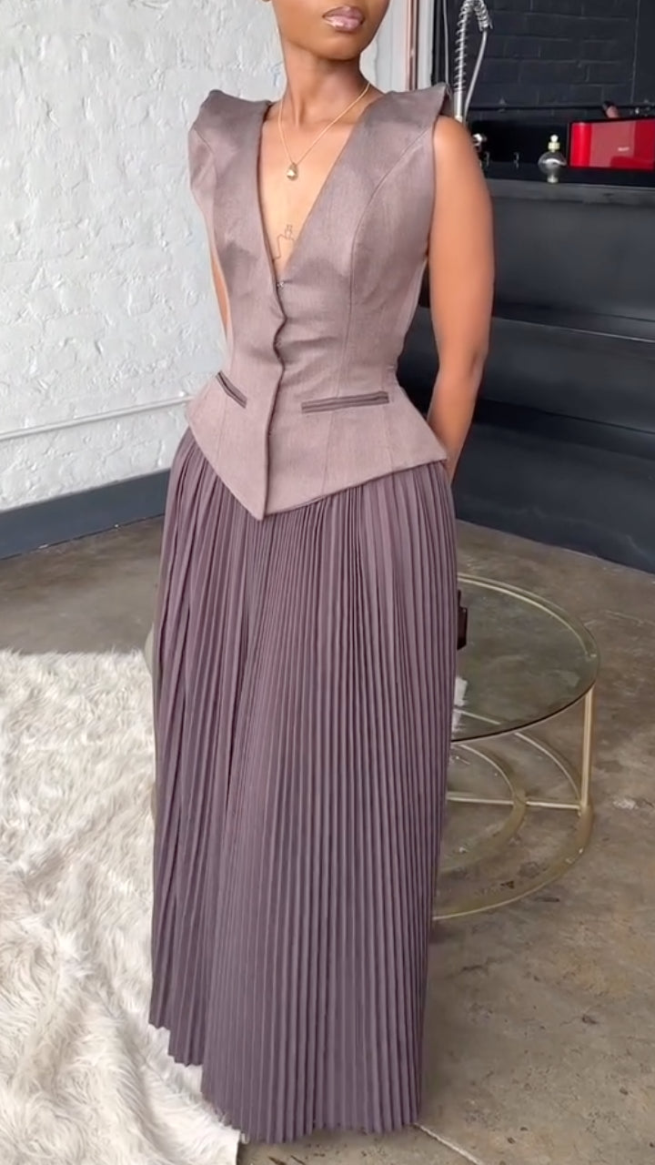 Women's V-Neck Vest-Style Spliced Pleated Dress