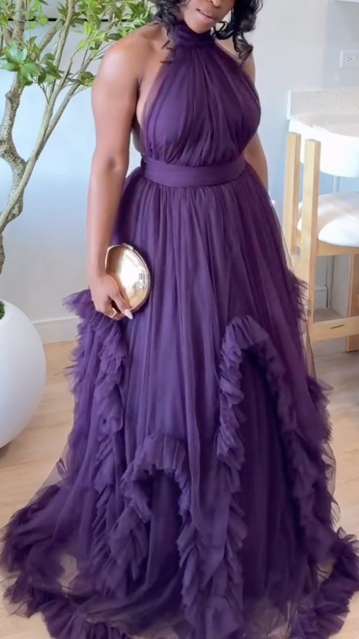 Halter Neck Backless Tulle Maxi Dress