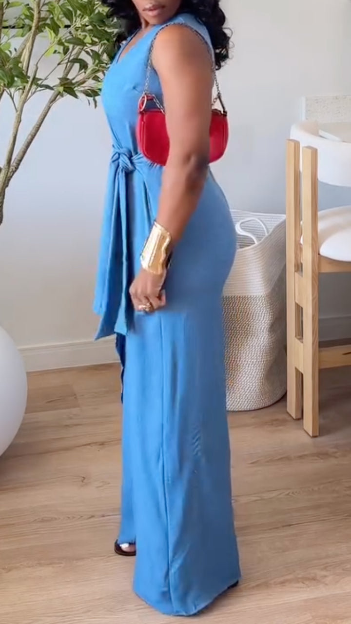 Women's Blue V Neck Sleeveless Wrap Wide Leg Jumpsuit