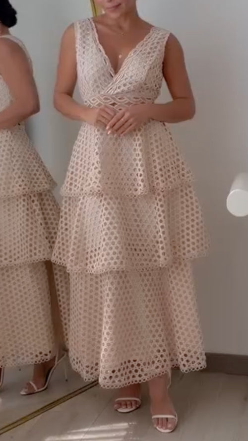 Apricot V-Neck Layered Ruffle Cake Maxi Dress