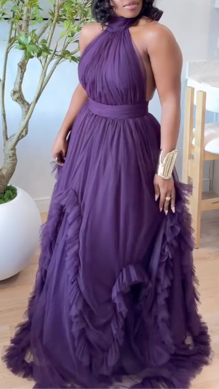 Halter Neck Backless Tulle Maxi Dress