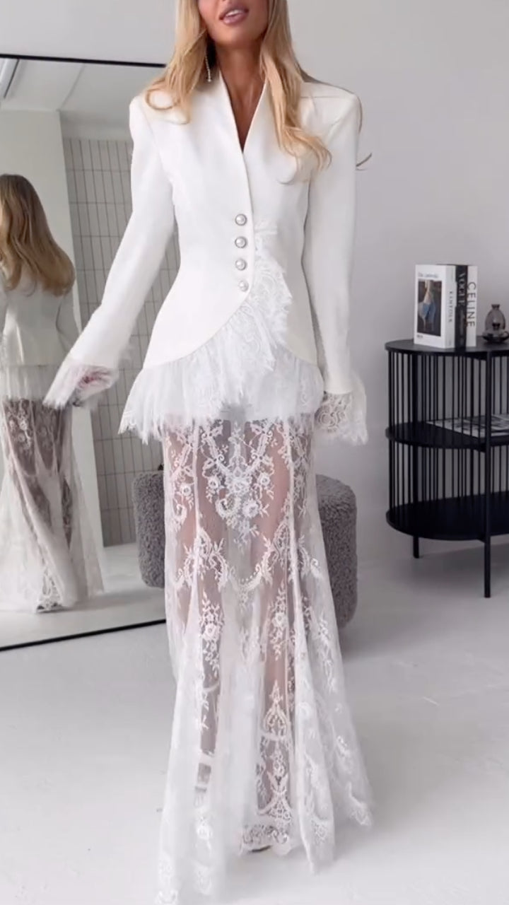 Lapel-Collar Suit Set with Lace Splicing and Fishtail Hem