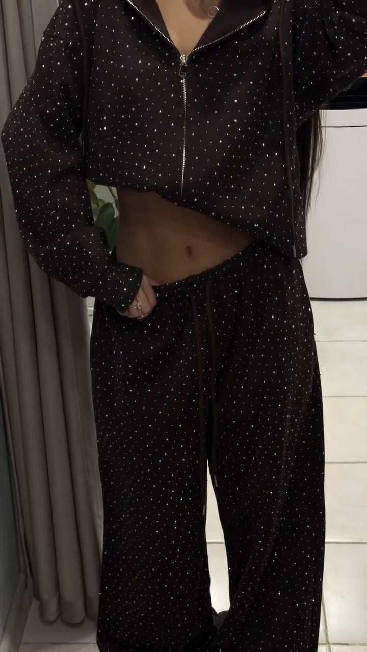 Rhinestone Hooded Zip Up Sweatshirt & Wide Leg Pants Set