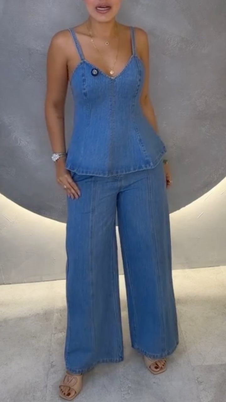 Women's Light Blue Denim Cami Top & Wide Leg Pants Set
