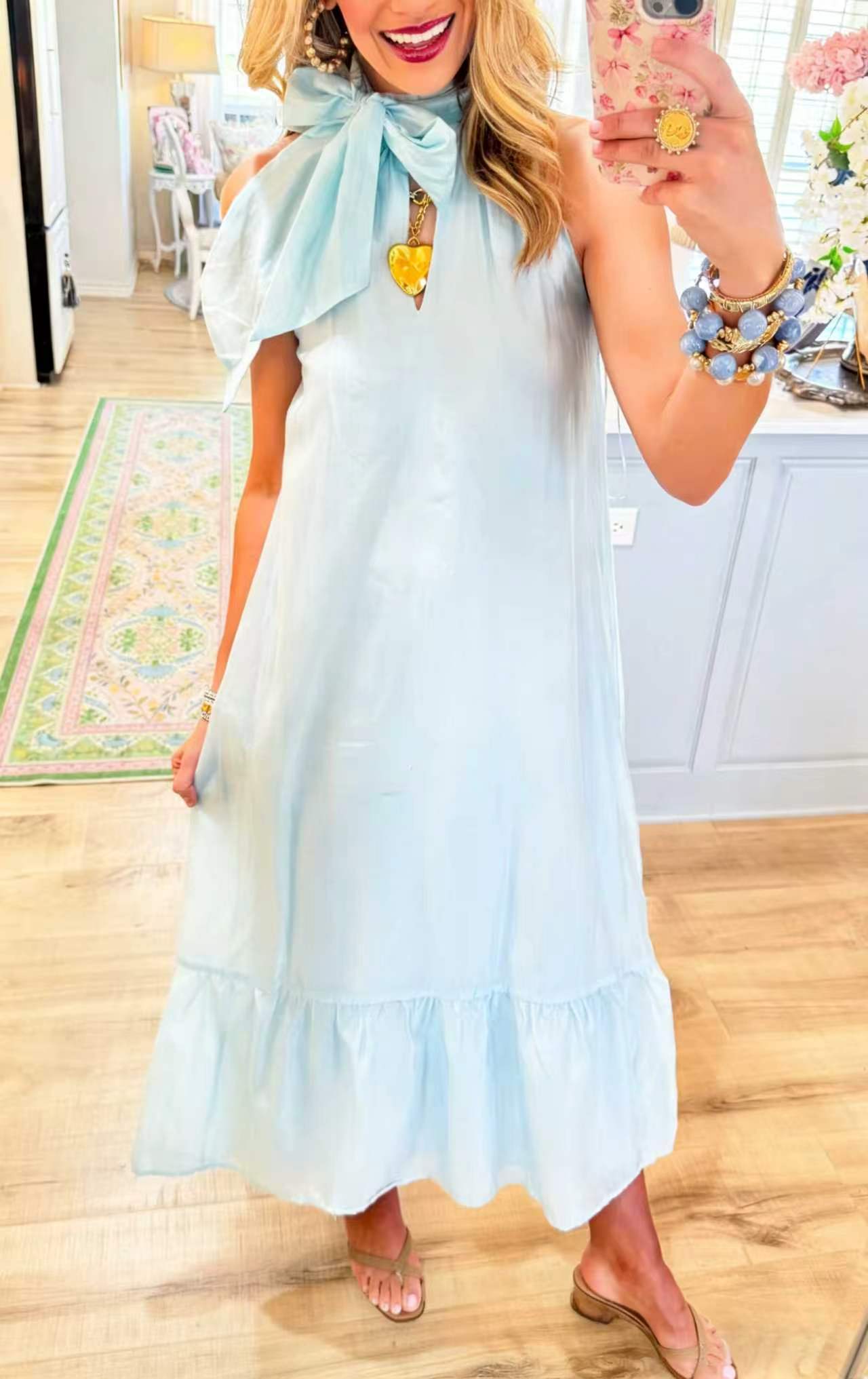 Women's Light Blue Halter Neck Bow Tie Midi Dress