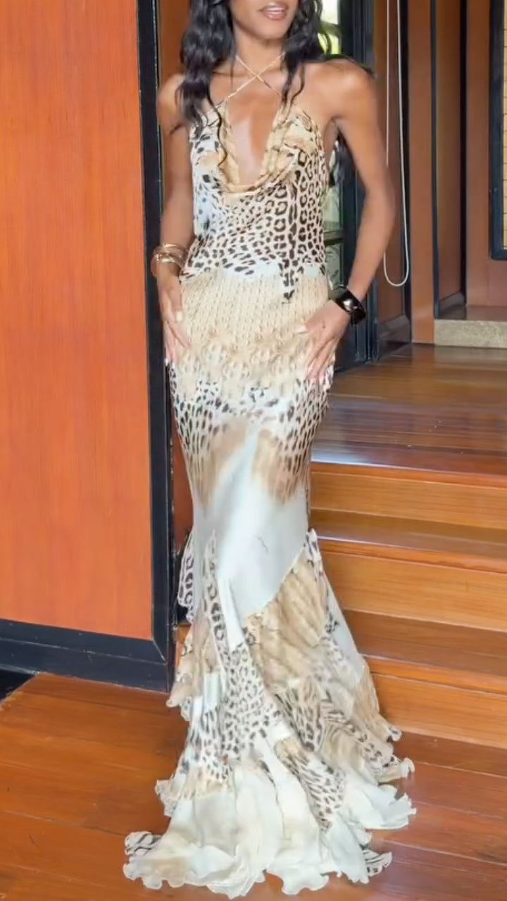 Leopard Print Halter Neck Cowl Backless Maxi Dress