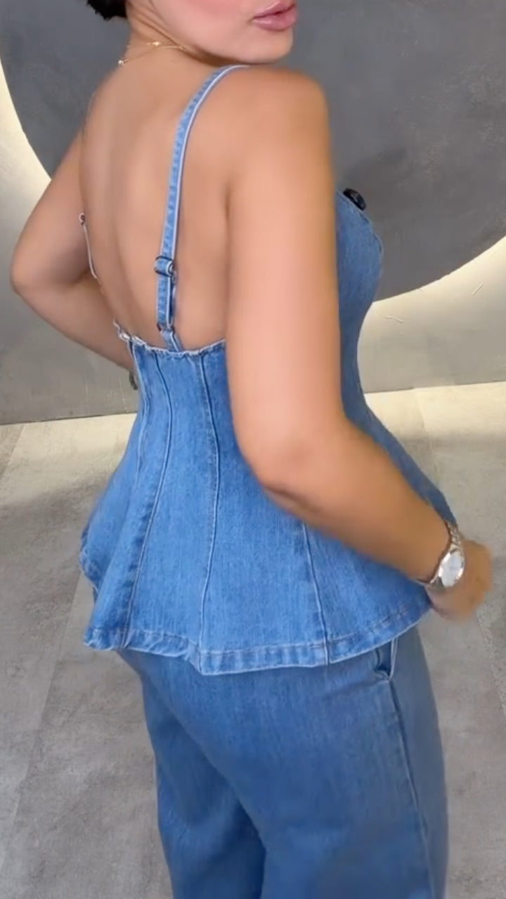 Women's Light Blue Denim Cami Top & Wide Leg Pants Set