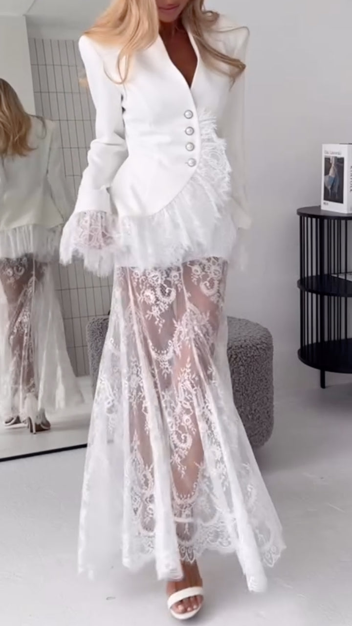 Lapel-Collar Suit Set with Lace Splicing and Fishtail Hem