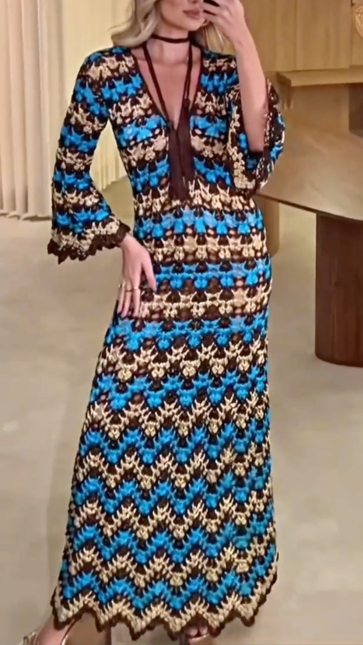 Geometric Crochet V Neck Maxi Dressss