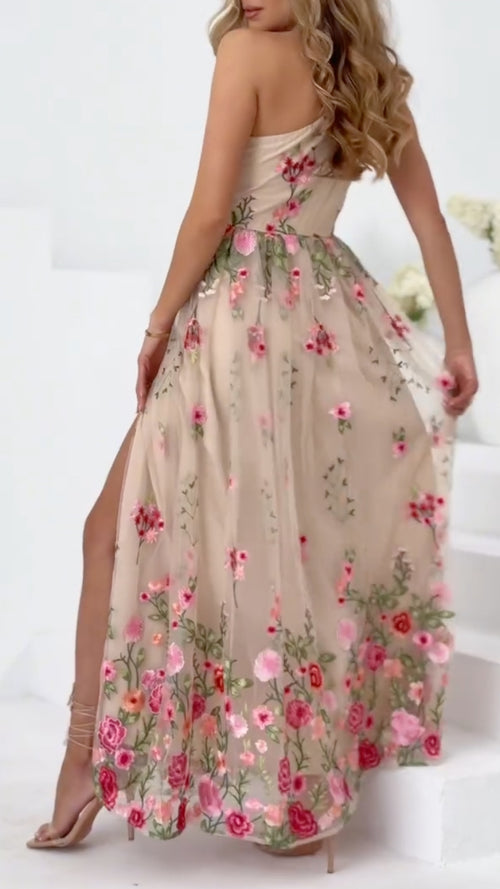 Apricot One-Shoulder Embroidered Floral Slit Maxi Dress