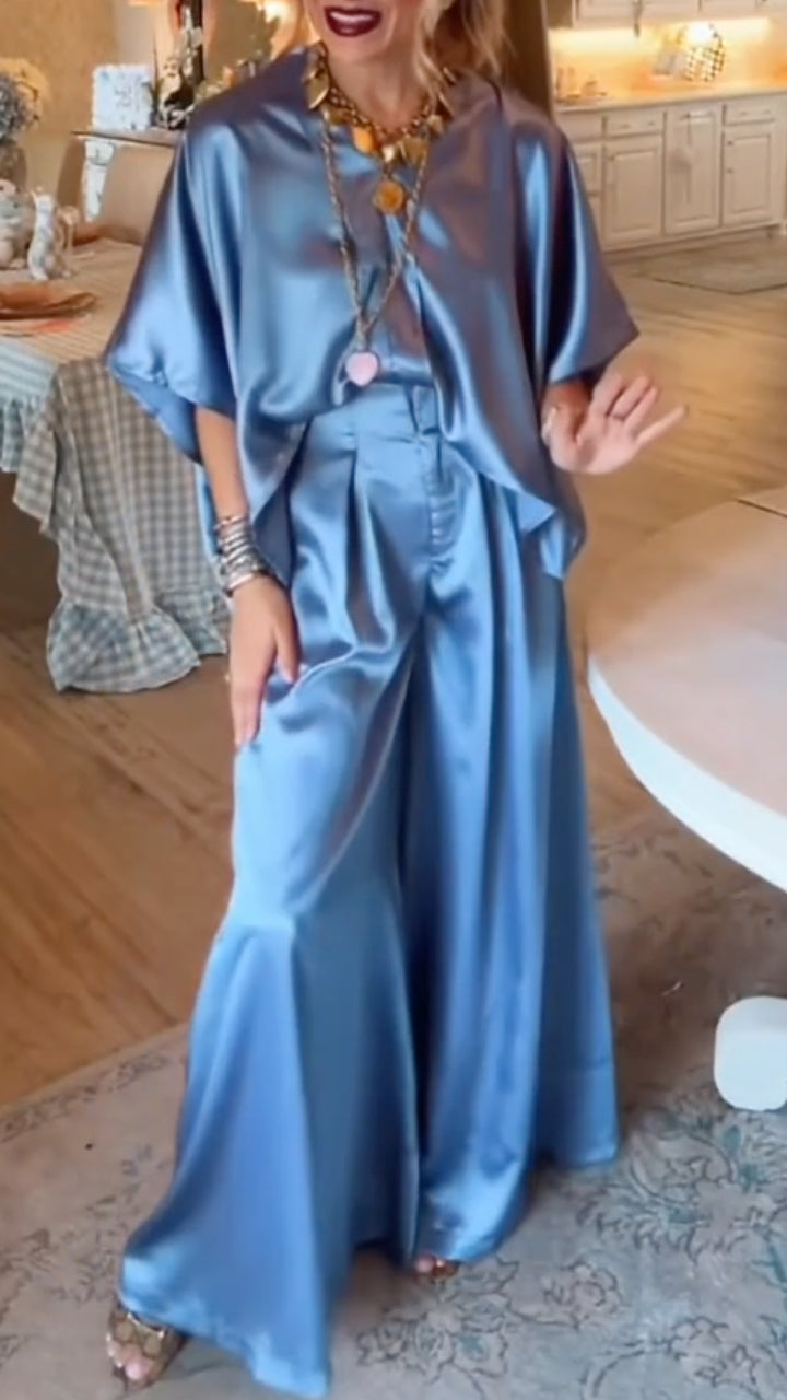 Women's Dusty Blue Satin Batwing Sleeve Top & Wide Leg Pants Set