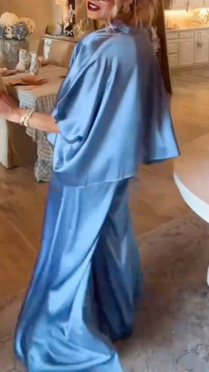 Women's Dusty Blue Satin Batwing Sleeve Top & Wide Leg Pants Set