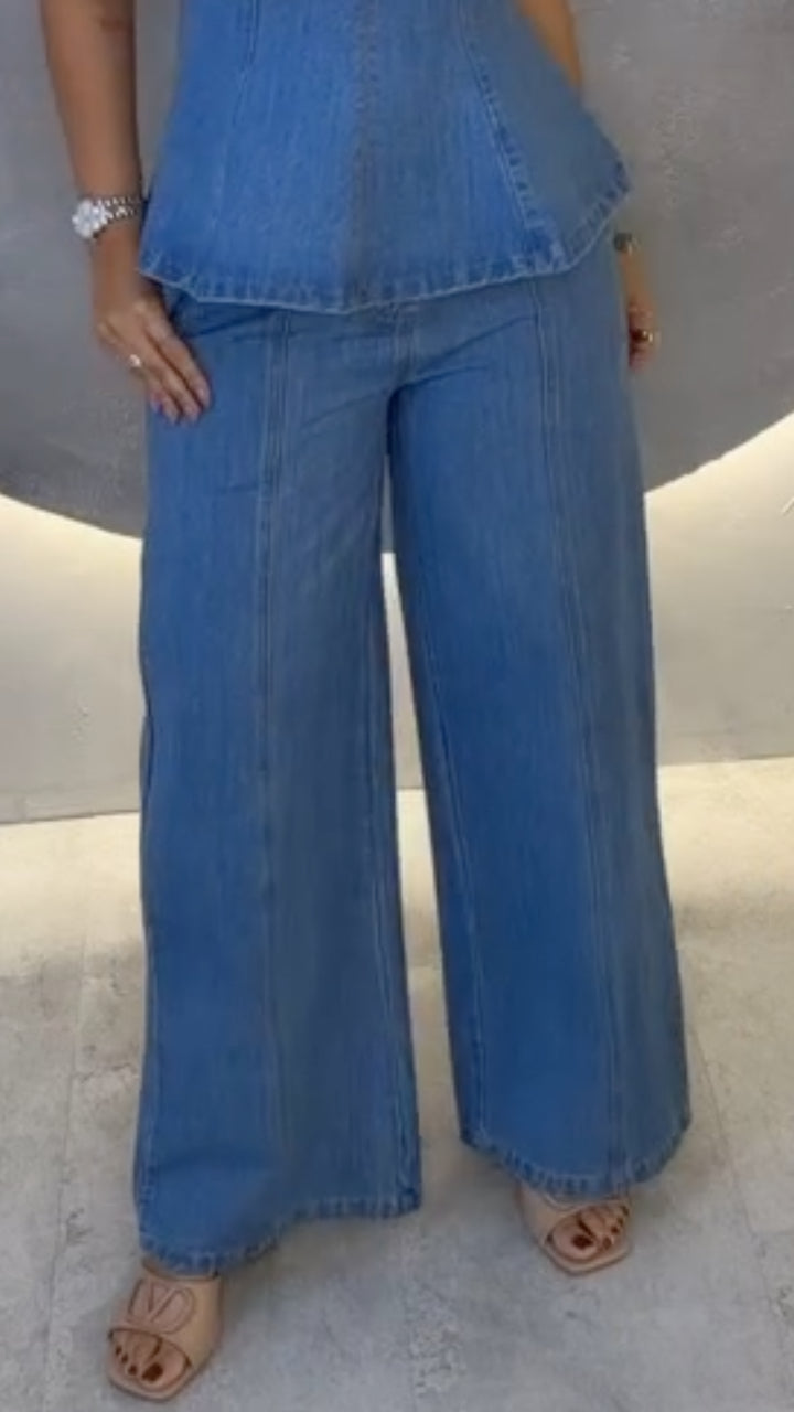 Women's Light Blue Denim Cami Top & Wide Leg Pants Set