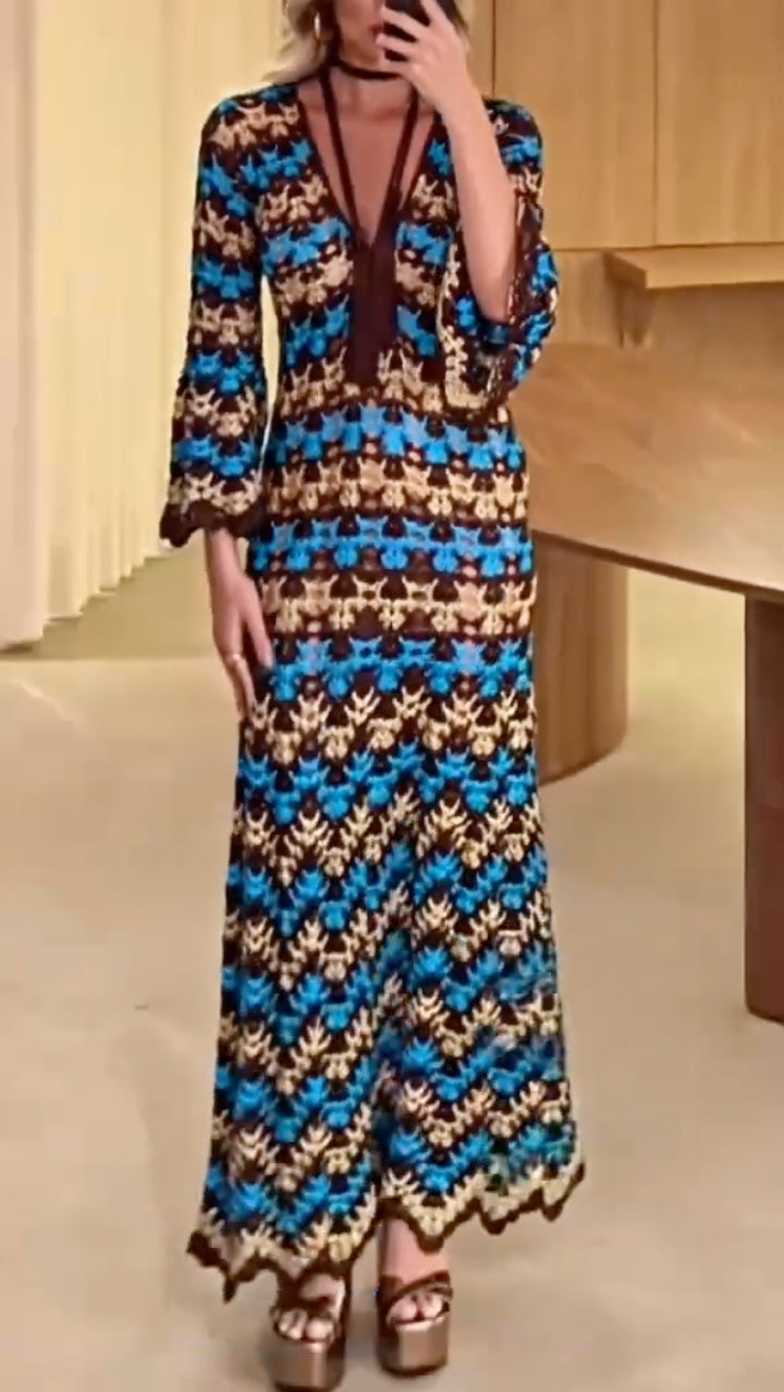 Geometric Crochet V Neck Maxi Dressss
