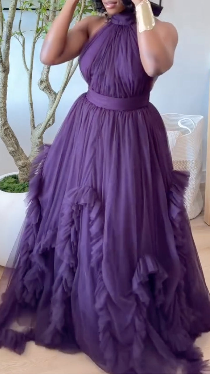 Halter Neck Backless Tulle Maxi Dress