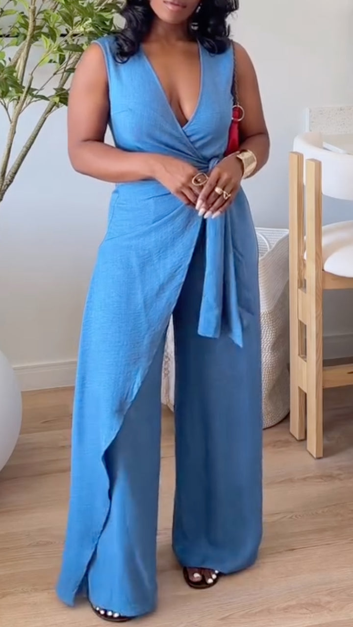 Women's Blue V Neck Sleeveless Wrap Wide Leg Jumpsuit