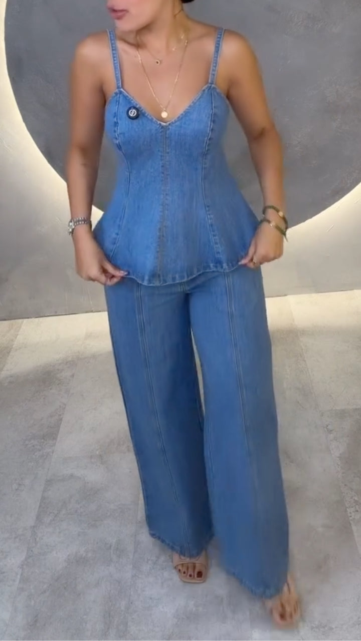 Women's Light Blue Denim Cami Top & Wide Leg Pants Set