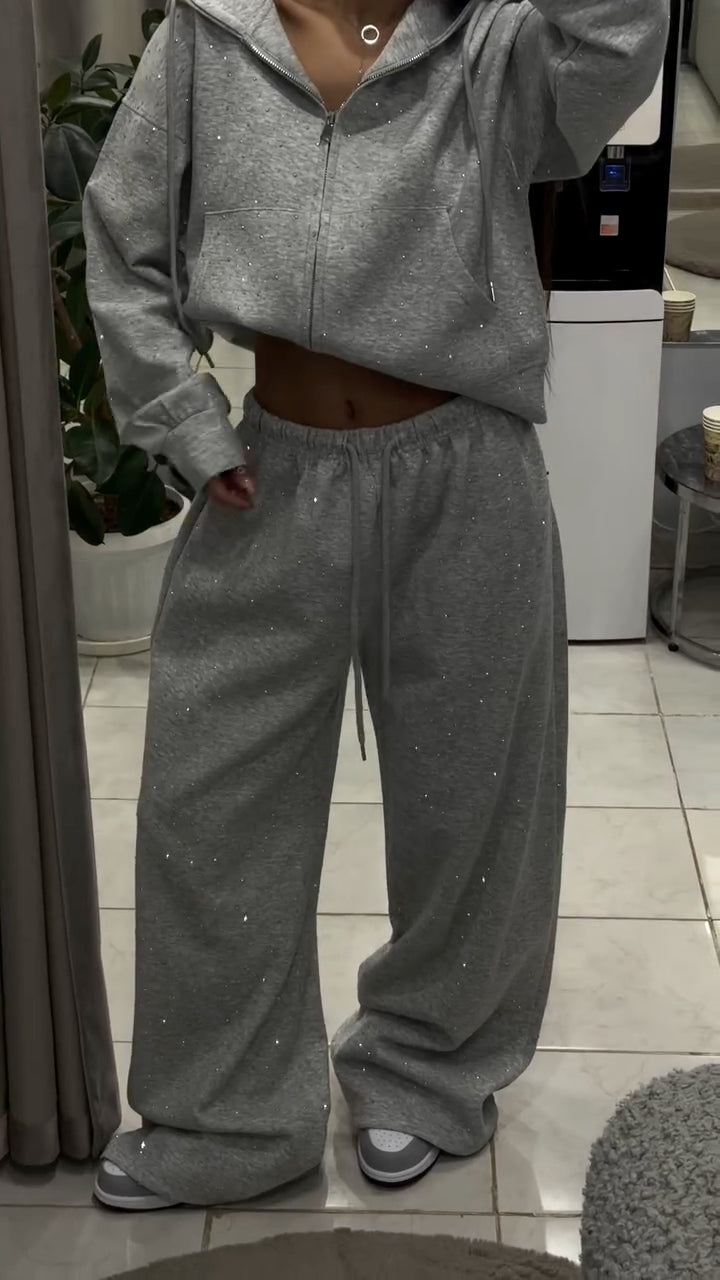 Rhinestone Hooded Zip Up Sweatshirt & Wide Leg Pants Set