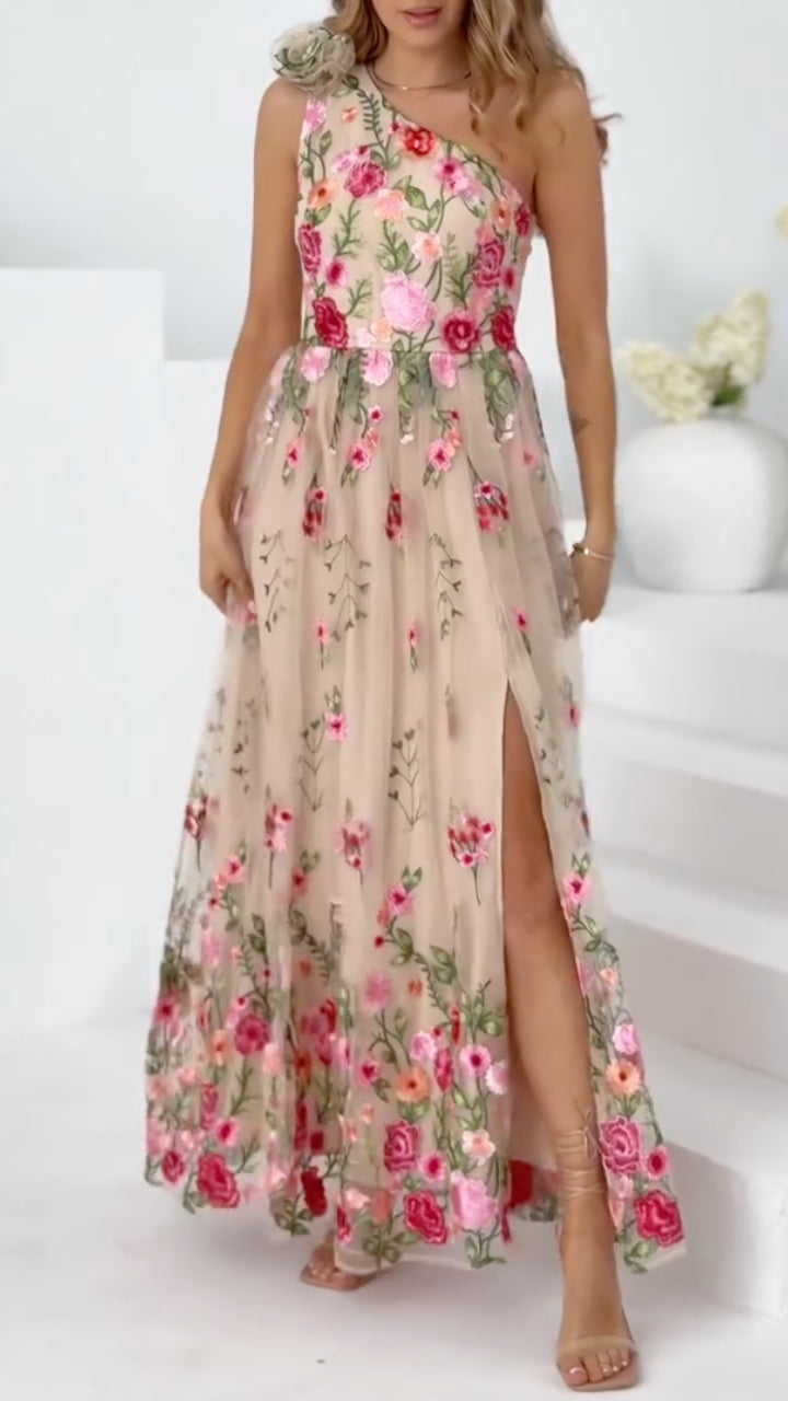 Apricot One-Shoulder Embroidered Floral Slit Maxi Dress