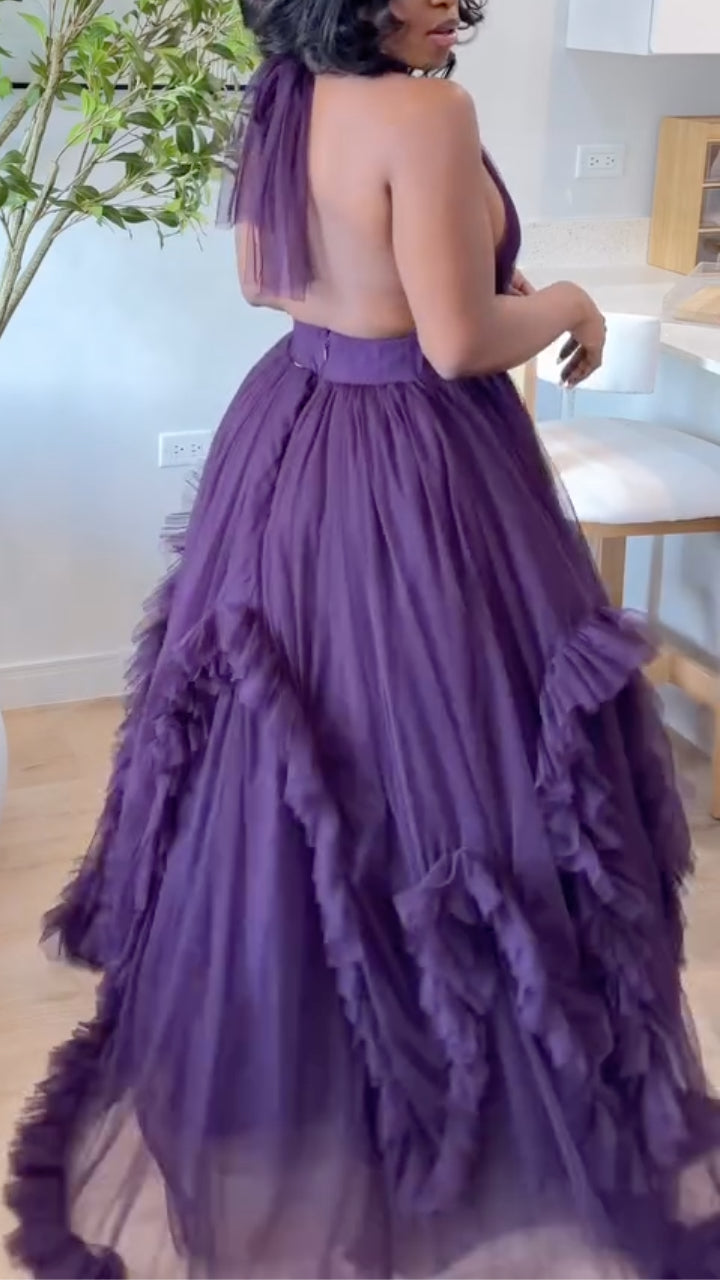 Halter Neck Backless Tulle Maxi Dress
