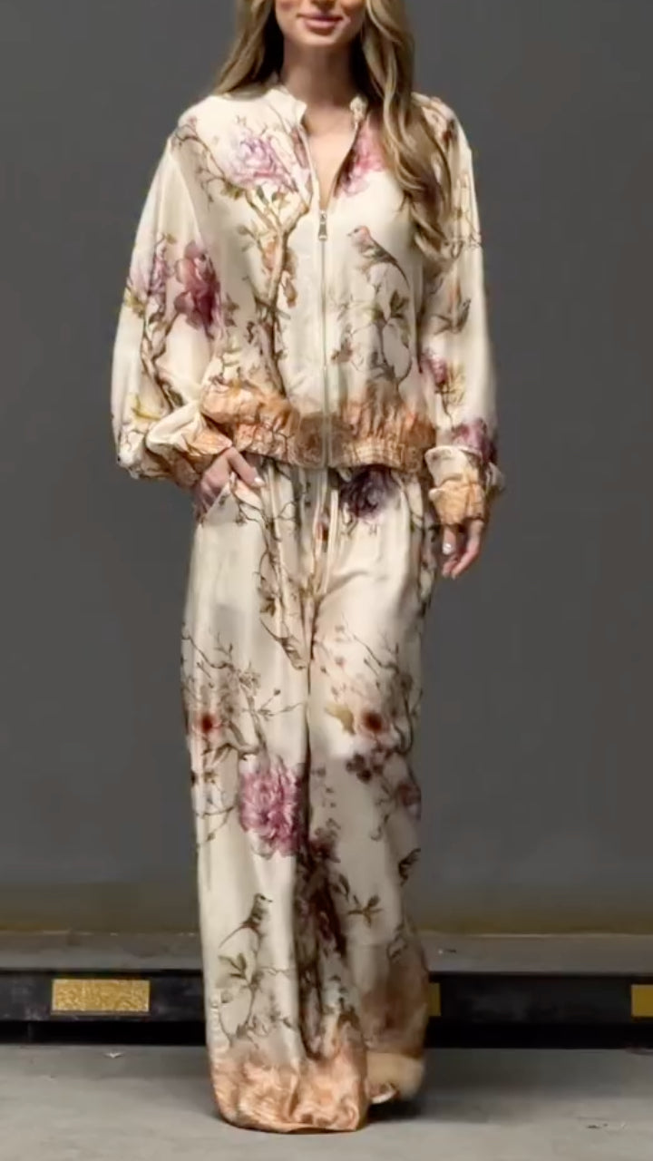 Women's Round-Neck, Cropped, Printed Casual Set