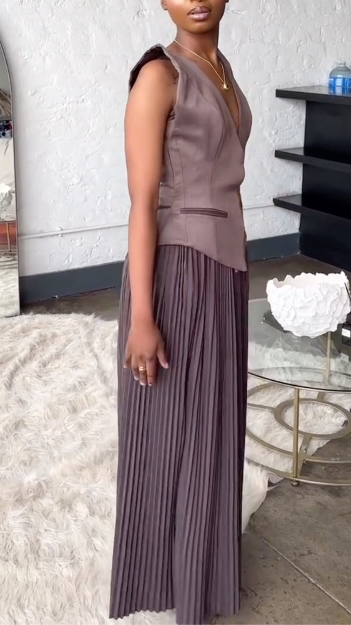 Women's V-Neck Vest-Style Spliced Pleated Dress