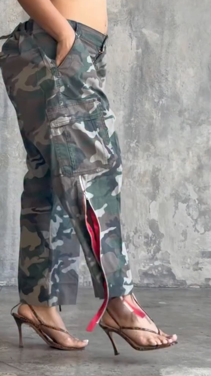 Women's Camouflage Red Strap Cargo Wide Leg Pants
