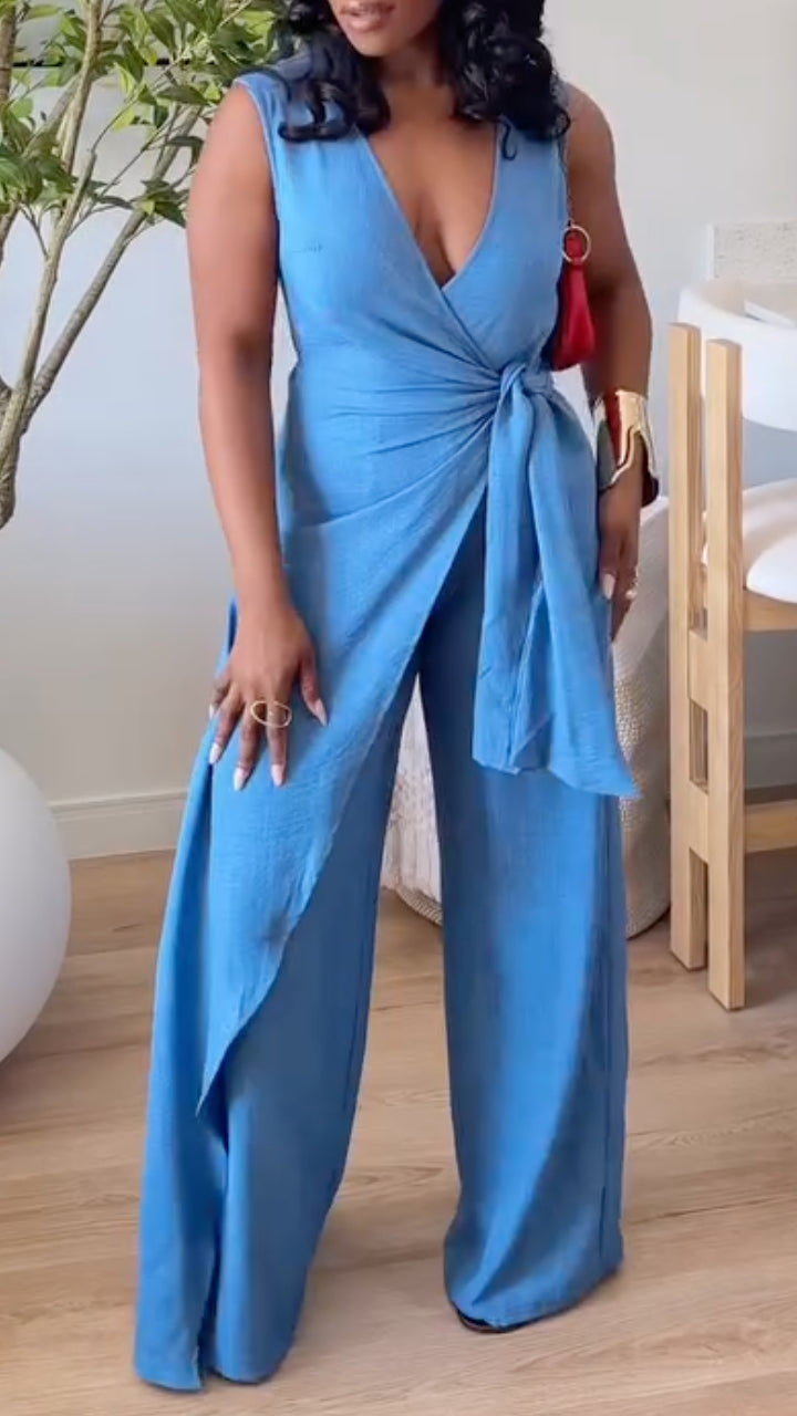 Women's Blue V Neck Sleeveless Wrap Wide Leg Jumpsuit