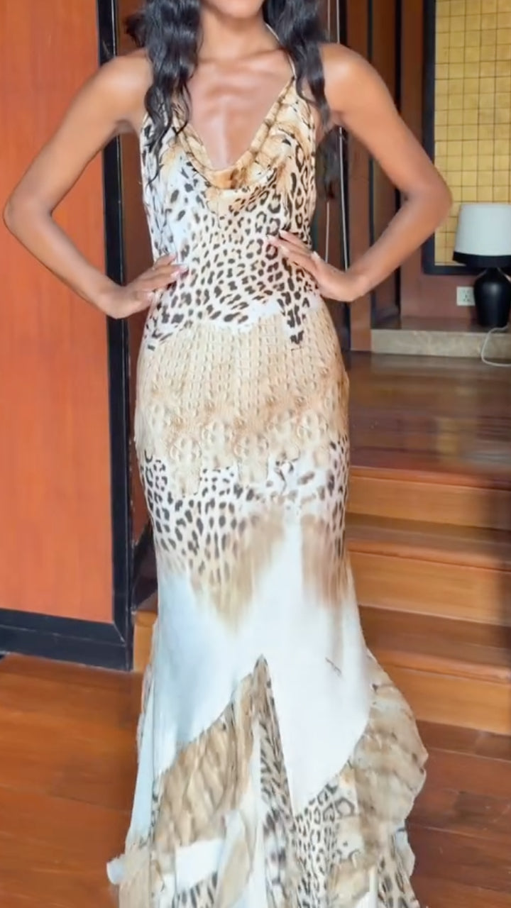 Leopard Print Halter Neck Cowl Backless Maxi Dress