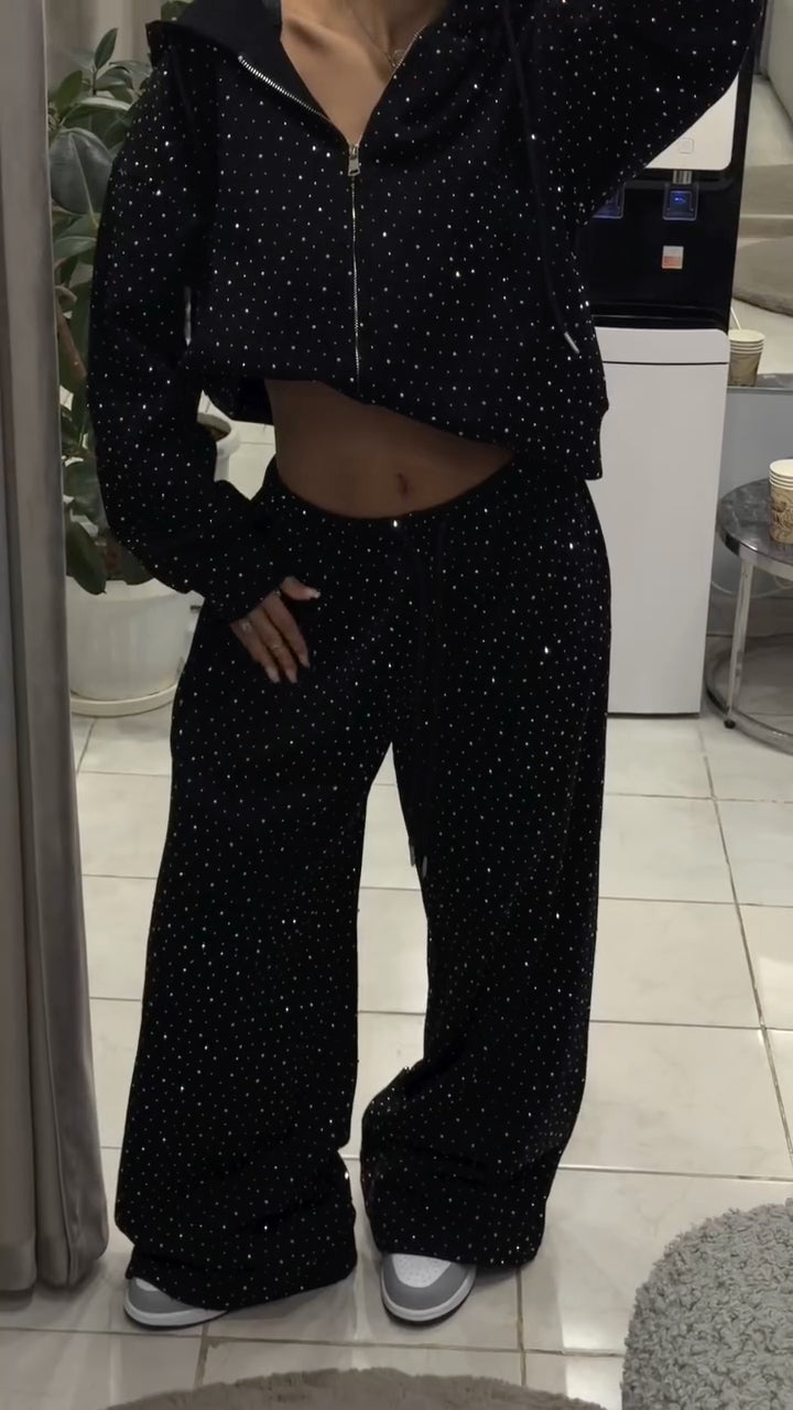 Rhinestone Hooded Zip Up Sweatshirt & Wide Leg Pants Set