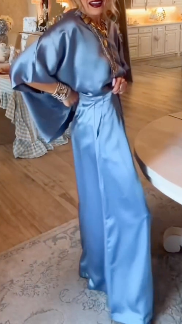 Women's Dusty Blue Satin Batwing Sleeve Top & Wide Leg Pants Set