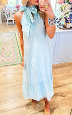 Women's Light Blue Halter Neck Bow Tie Midi Dress