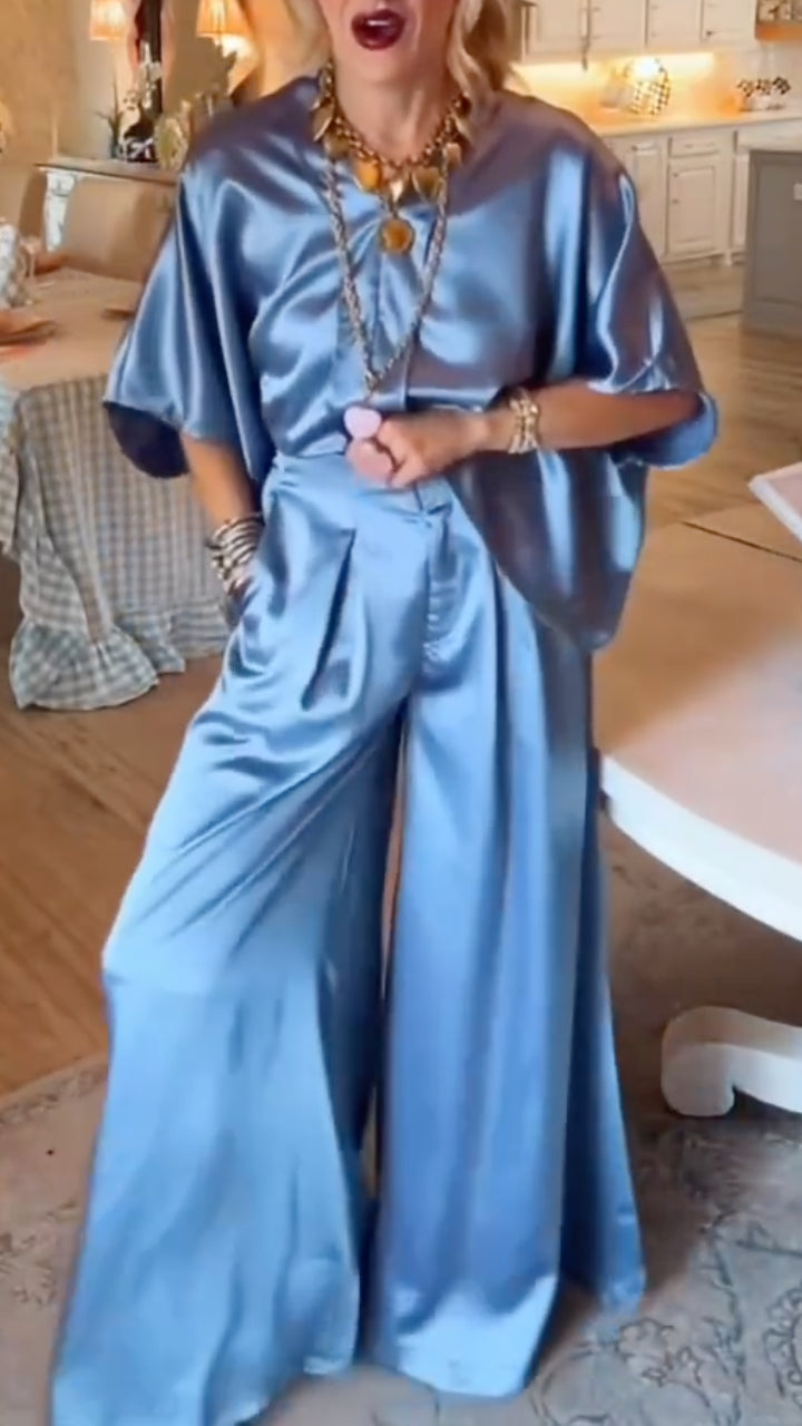 Women's Dusty Blue Satin Batwing Sleeve Top & Wide Leg Pants Set