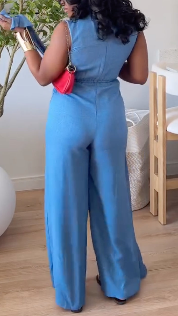 Women's Blue V Neck Sleeveless Wrap Wide Leg Jumpsuit