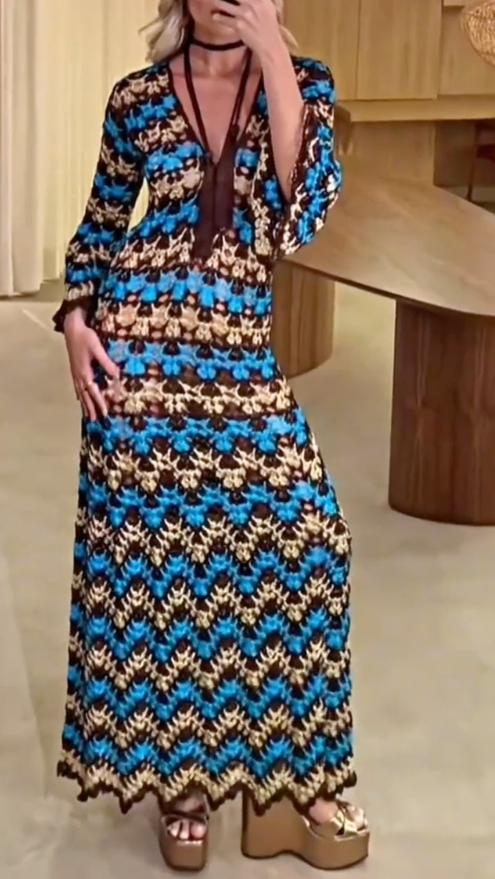 Geometric Crochet V Neck Maxi Dressss